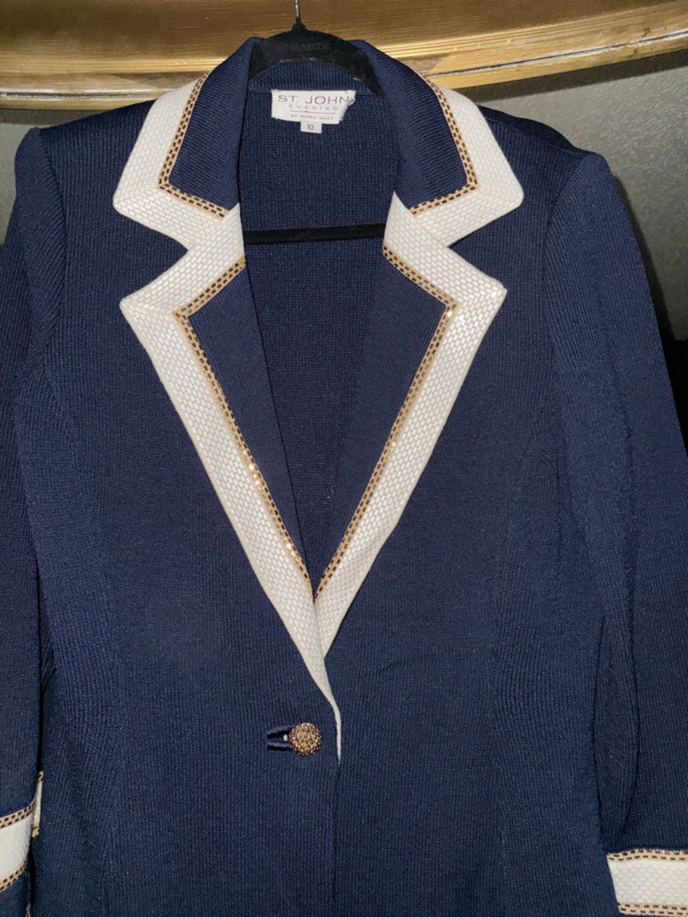 St John classic Navy Knit Cardigan with Gold Glitter beaded - Picture 3 of 11